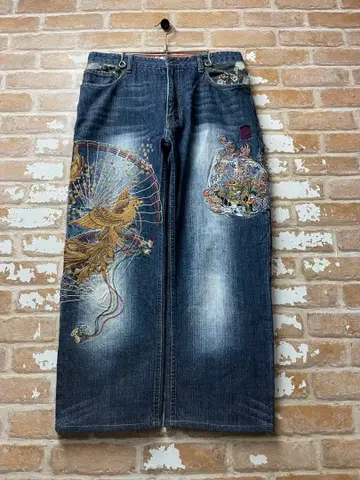90s 카라쿠리타마시 데님 자수 일본풍 패턴 y2k 구제 의류 그런지