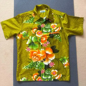 60-70년대 Penneys Hawaii 아로하 셔츠 그린 꽃무늬 반팔