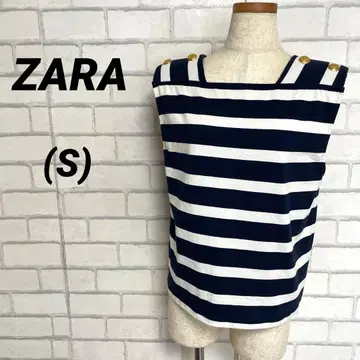 ZARA 자라 보더 슬리브리스 상의 골드 버튼 네이비 x 화이트 S 여름 코디