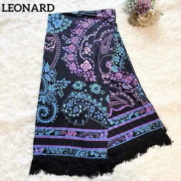 LEONARD 레오나르 울 실크 대형 스톨 프린지 트리밍 파랑 보라색