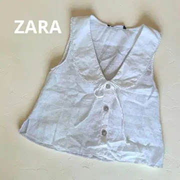 ZARA 슬리브리스 빅 칼라 린넨 블라우스 프론트 버튼