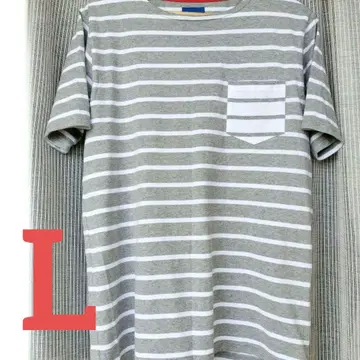 BEAMS 보더 포켓 부착 반팔 T셔츠 그레이 x 화이트 L