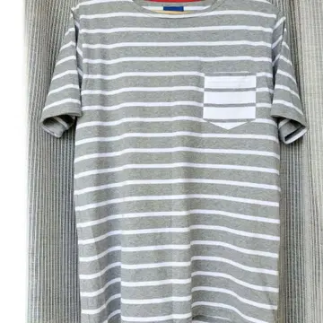 BEAMS 보더 포켓 부착 반팔 T셔츠 그레이 x 화이트 L