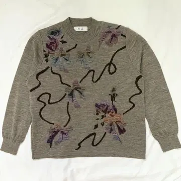 O0's vintage 리원 긴팔 니트 스웨터 꽃무늬 자수 그레이지