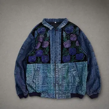 80s 빈티지 꽃무늬 자수 올 패턴 데님 자켓 블루종 XL