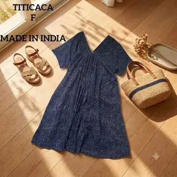 TITICACA 인도산 페이즐리 코튼 롱 원피스 네이비 F