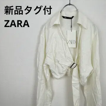 택 포함 새상품 ZARA 린넨 혼방 비대칭 버클 셔츠 S 화이트 블라우스