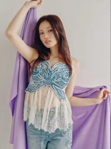 [ LILY BROWN x ANNA SUI ] 버터플라이 레이스 데님 뷔스티에 상의