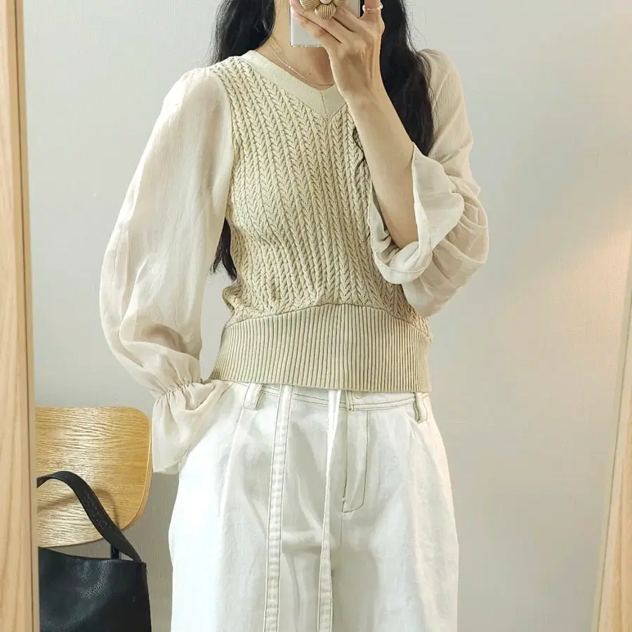 (F)여성 브이넥 니트 쉬폰 긴팔 블라우스 A8W4448