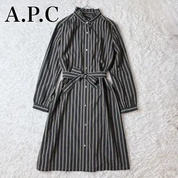 택 포함 A.P.C 프릴 스탠드 카라 셔츠 원피스 스트라이프 벨트