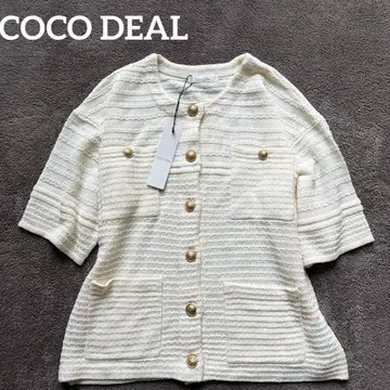 새상품 COCO DEAL 트위드 노카라 자켓 니트 골드 버튼