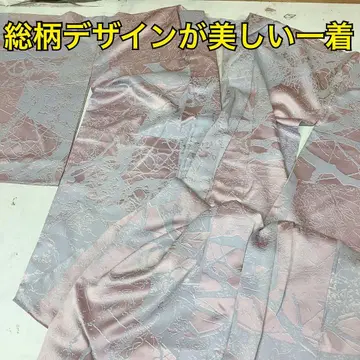 일본 의류 기모노 핑크 그레이 올 패턴 타타미 종이 포함 약간의 얼룩 있음 기모노 (오-6S)