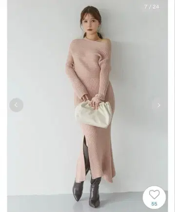 종이 택 포함 새상품 스나이델 원숄더 아시메 니트 원피스 핑크