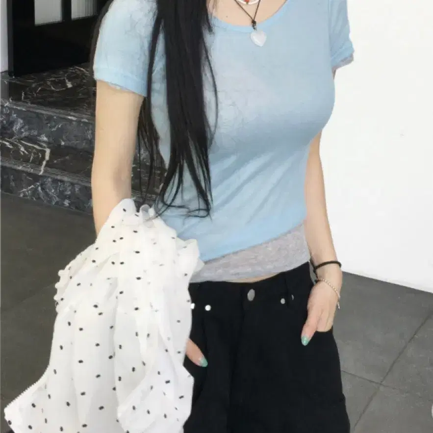 릿코어 피치 시스루 레이어드 반팔 소라/아이보리