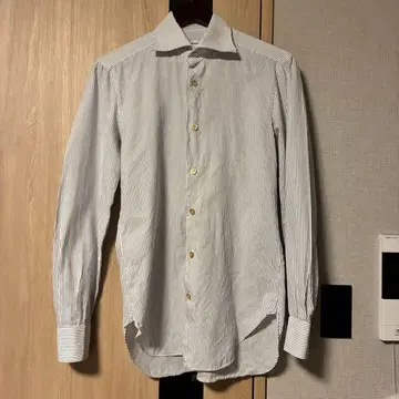 Kiton 스트라이프 드레스 셔츠 와이드 칼라 이탈리아제 블루 x 화이트