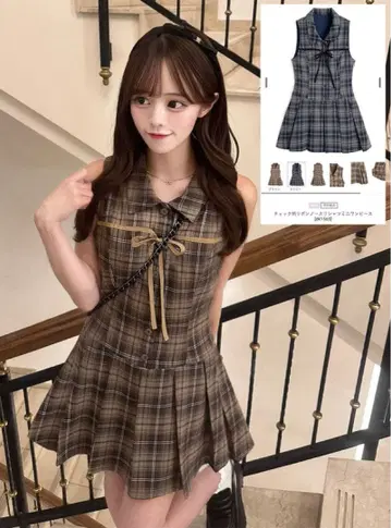 체크 무늬 리본 슬리브리스 셔츠 미니 원피스[dk1565] GRL