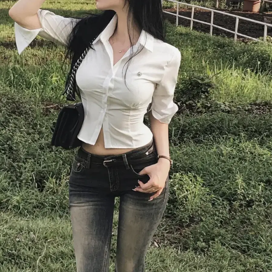 새제품) 하니클래식 잘록핏 7부 셔츠