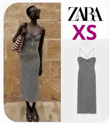ZARA 핏 깅엄 체크 패턴 미디 원피스 XS