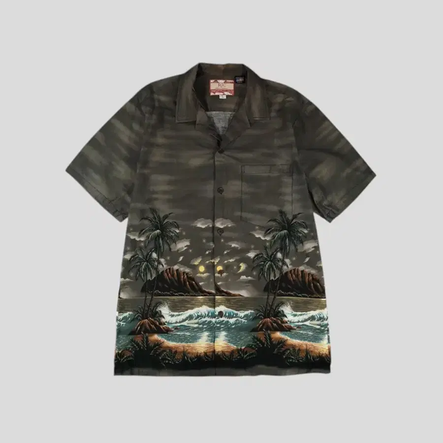 RJC 브라운 타이다이 멀티컬러 체스트포켓 야자수 하와이안 알로하 반팔셔츠 하프셔츠 MADE IN HAWAII XL