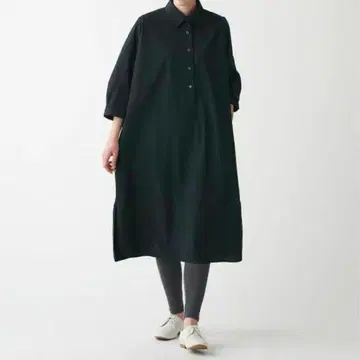 무인양품 MUJI / 와셔 포플린 7부 소매 원피스 M~L 블랙