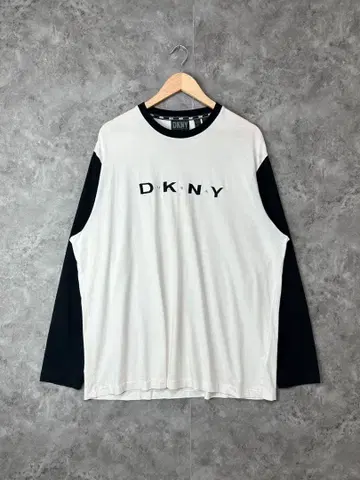 빈티지 90s DKNY 긴팔 티셔츠 바이컬러 자수 로고 티셔츠