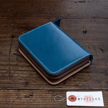 천연 가죽 인디고 블루 라운드 지퍼 남성용 지갑 이단 접이식 새상품 파랑