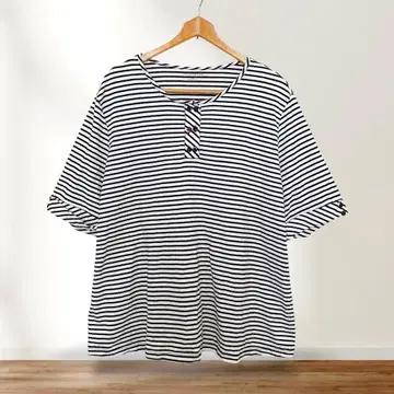 애플시즈 보더 티셔츠 헨리 반팔 루즈핏 2X 블랙 화이트 면 여행