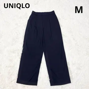 유니클로 턱 와이드 팬츠 M 네이비 스트레치 하이웨스트 비즈니스