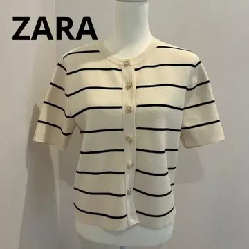 새상품급 ZARA 보더 반팔 니트 가디건 골드 버튼