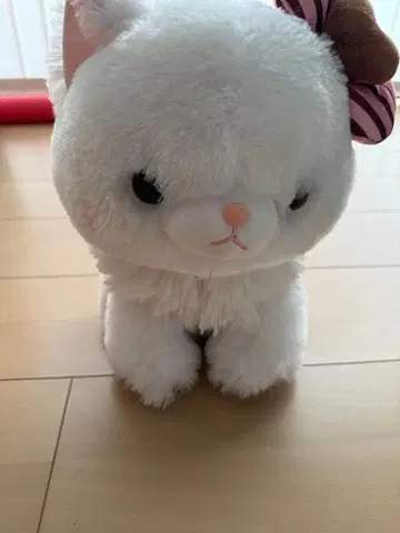 화이트 고양이 봉제 인형 리본 포함