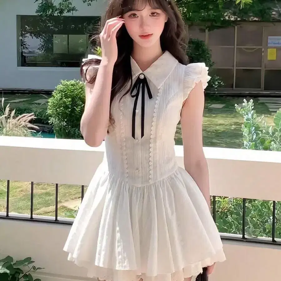 쉬인 일본 레이스 카라 리본 원피스 화이트