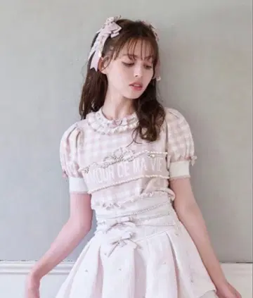LIZ LISA 깅엄 체크 펄 장식 반팔 니트와 바지 세트