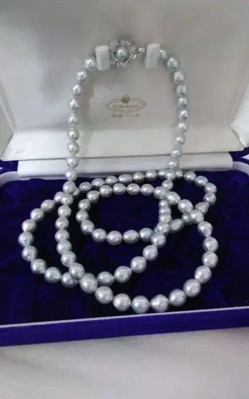 미츠코시 블루 그레이 펄 롱 목걸이 각인 silver