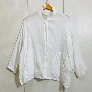 군겐도 토미 린넨 100 스탠드 카라 시어 셔츠 블루종