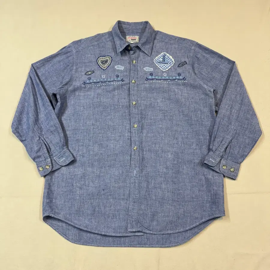 M) A.T.LTD 일본 빈티지 자수 패치워크 샴브레이 셔츠