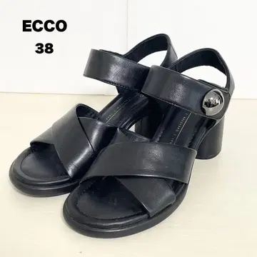 새상품급 ECCO 크로스 스트랩 샌들 38 천연 가죽 블랙 와이드 힐
