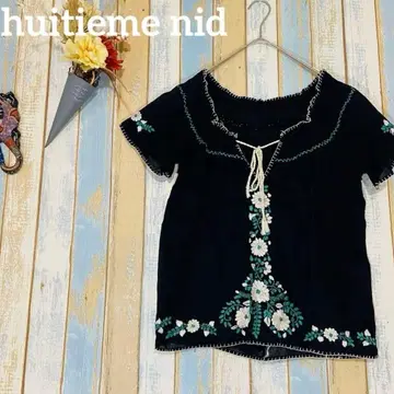 [ huitieme nid ] 꽃무늬 자수 반팔 블라우스 블랙 보헤미안 에스닉