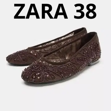 ZARA 비즈 장식 플랫슈즈 브라운 38 사이즈 새상품