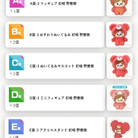 주술회전 세가 럭키 쿠지 허그허그미 노바라 ABCDE상