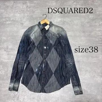 DSQUARED2 긴팔 아가일 무늬 데미지 페인트 가공 데님 셔츠 38