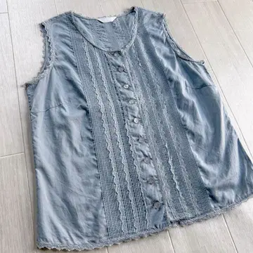 잉게보그 면 로운 핀턱 레이스 색스 블루 블라우스