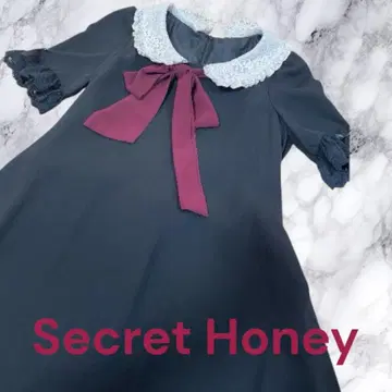 Secret Honey 레이스 옷깃 반팔 원피스 지뢰 양산형 리본 보르도