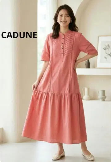 CADUNE 카듀네 살몬 핑크 원피스 핀턱 린넨