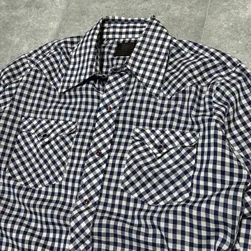 70s Sears 깅엄 체크 블루 화이트 웨스턴 셔츠