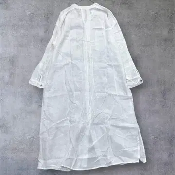 르멜란주 워셔블 린넨 100% 밴드 카라 롱 셔츠 원피스 프리 화이트