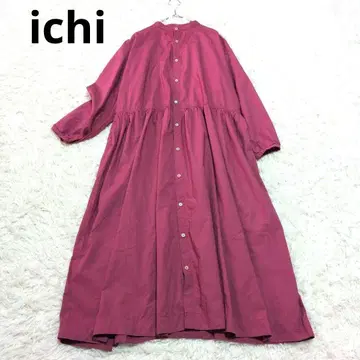ichi 이치 코튼 100% 밴드 카라 개더 셔츠 원피스 롱