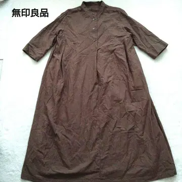 무인양품 셔츠 원피스 브라운 롱 기장 밴드 카라
