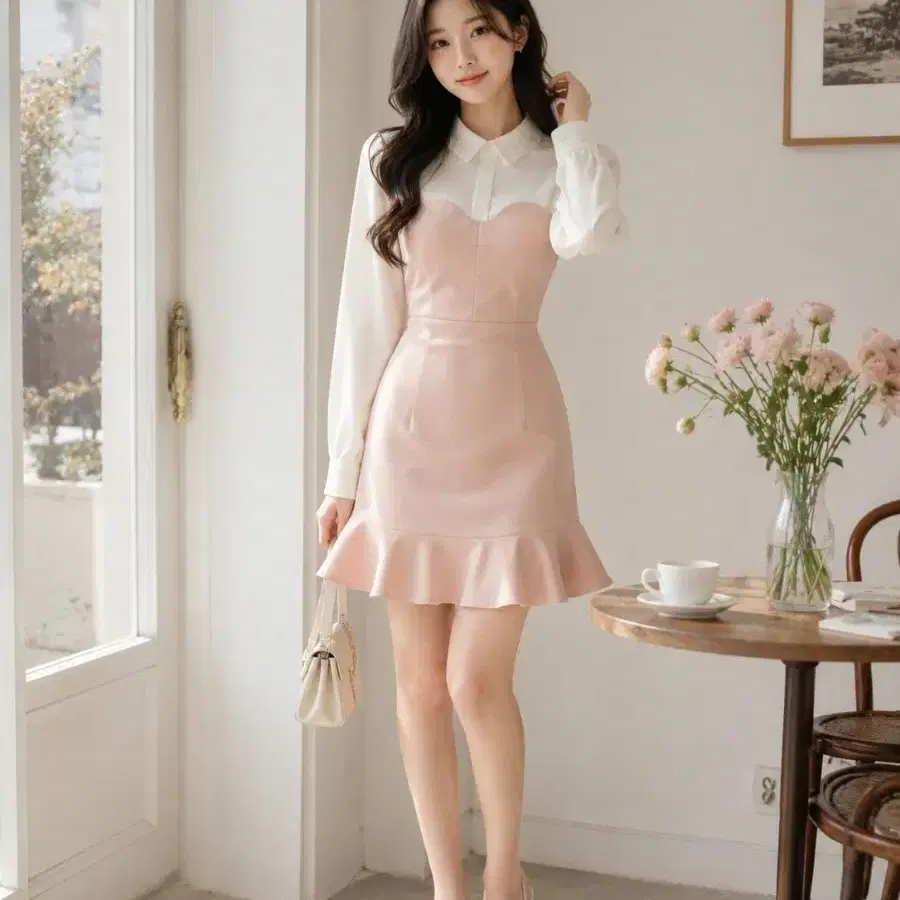 하객룩 핑크색 프릴 원피스