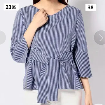 [ 새상품급 ] 23구 스트라이프 패턴 리본 블라우스 7부 소매 시어서커 파랑 x 화이트 38