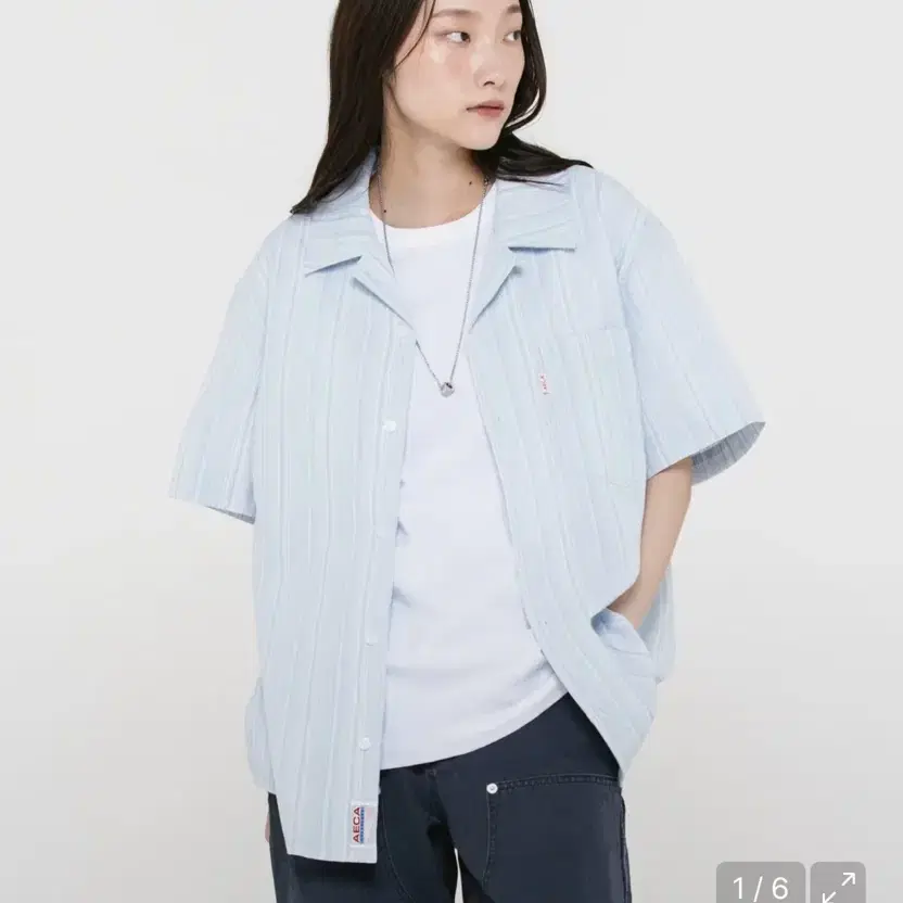 에이카화이트 스트라이프 하와이안 셔츠 s